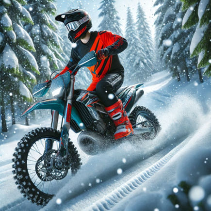 A rider effortlessly navigating a snowy trail on a dirt bike converted with Timbersled's snow conversion system.
