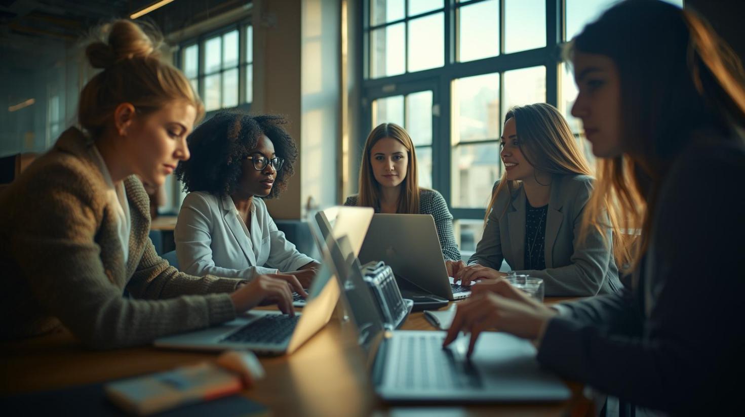 Young professionals study together in coworking space with laptops and blurred screens.