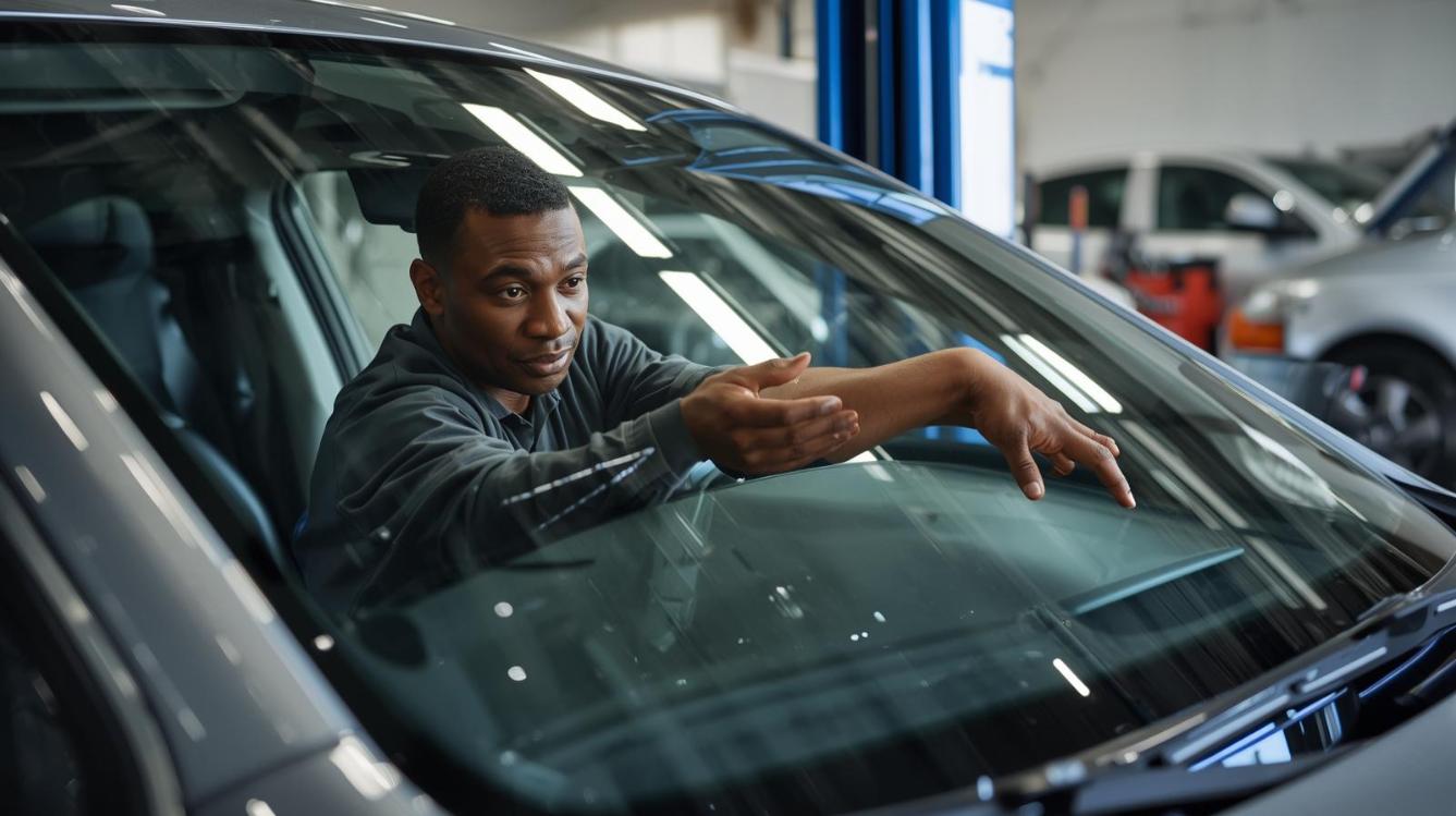 Man carefully installs advanced windshield beside bright car in optimistic workshop scene.